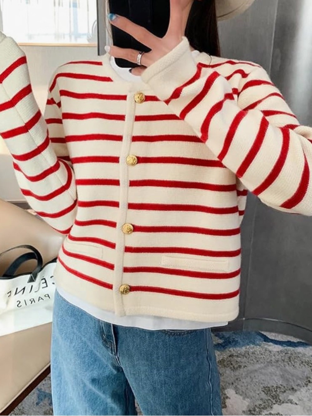 Amazon Red & White Striped Button-Front Cardigan